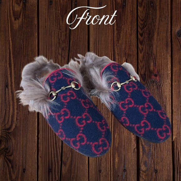 Gucci Princetown Slippers Mules Navy GG Wool Shearling Horsebit | Size 38 - Picture 2 of 3